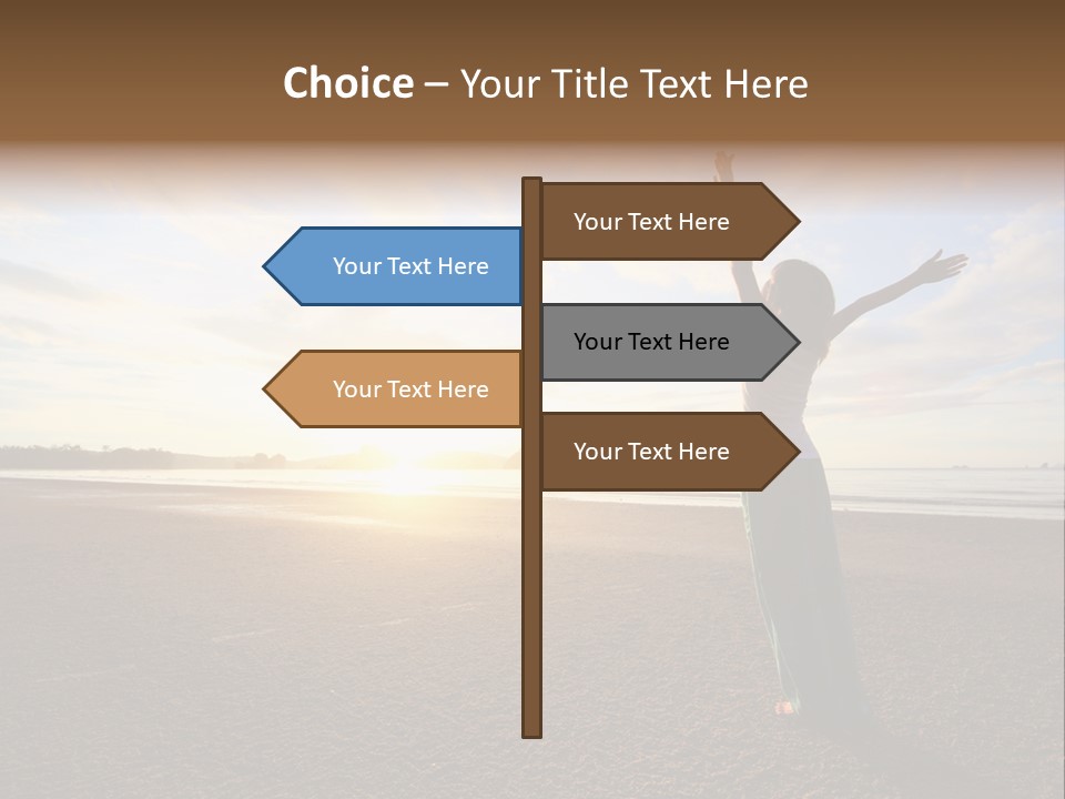 A Woman Standing On A Beach With Her Arms In The Air PowerPoint Template