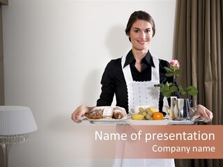 A Woman Holding A Tray Of Food In Her Hands PowerPoint Template