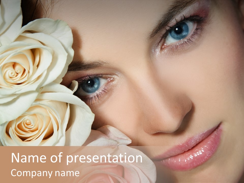 A Woman With Blue Eyes Holding A White Rose PowerPoint Template