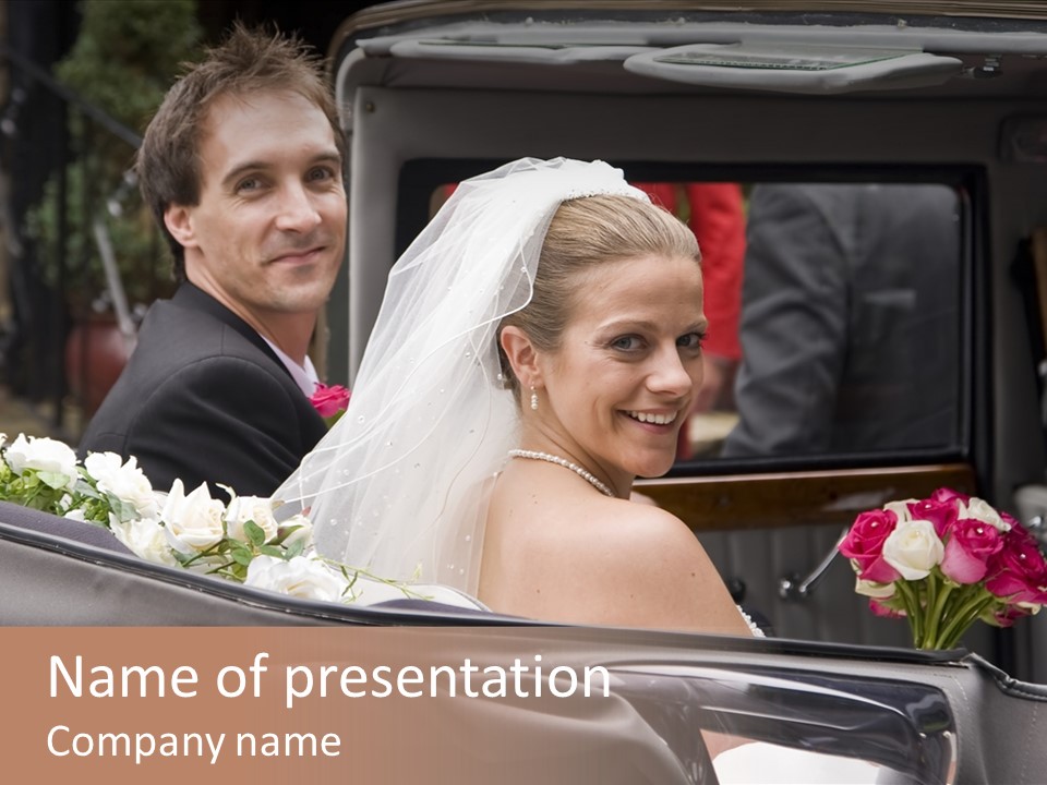 A Bride And Groom In A Horse Drawn Carriage PowerPoint Template