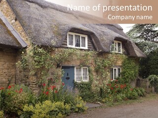 A House With A Thatched Roof And A Blue Door PowerPoint Template