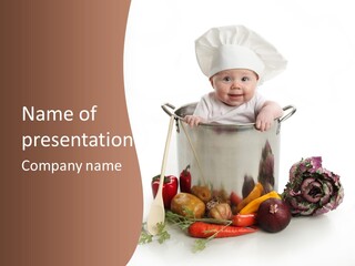 A Baby In A Chef's Hat Sitting In A Bucket Of Vegetables PowerPoint Template