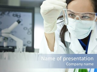 A Woman In A Lab Coat Holding A Beakle PowerPoint Template