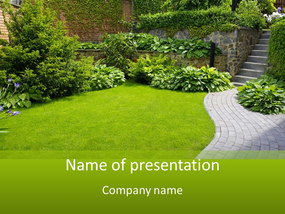 A Garden With A Brick Path And Green Grass PowerPoint Template