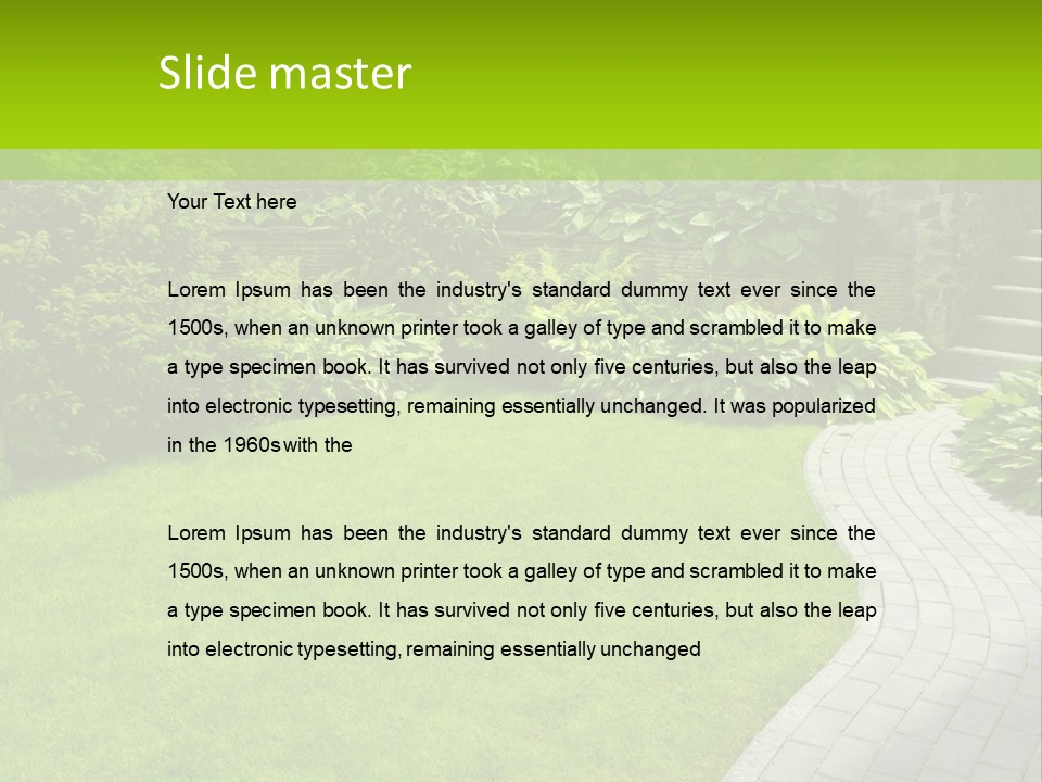 A Garden With A Brick Path And Green Grass PowerPoint Template