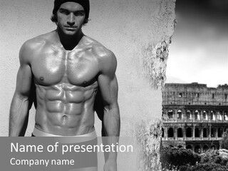 A Man With No Shirt Standing In Front Of A Building PowerPoint Template