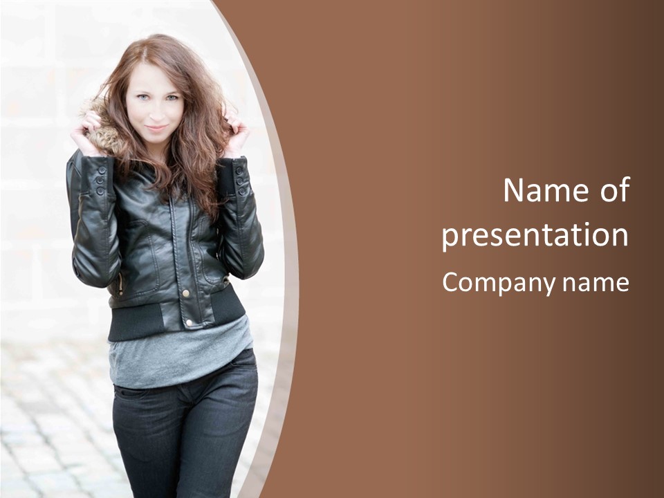 A Woman In A Leather Jacket Is Posing For A Picture PowerPoint Template