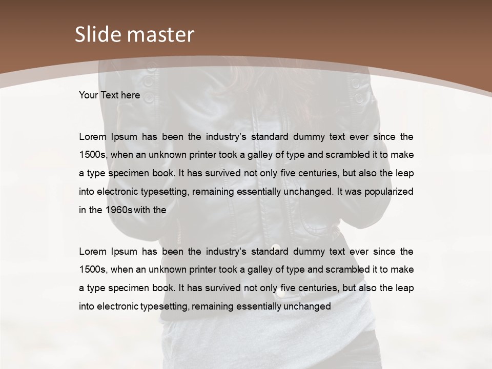 A Woman In A Leather Jacket Is Posing For A Picture PowerPoint Template