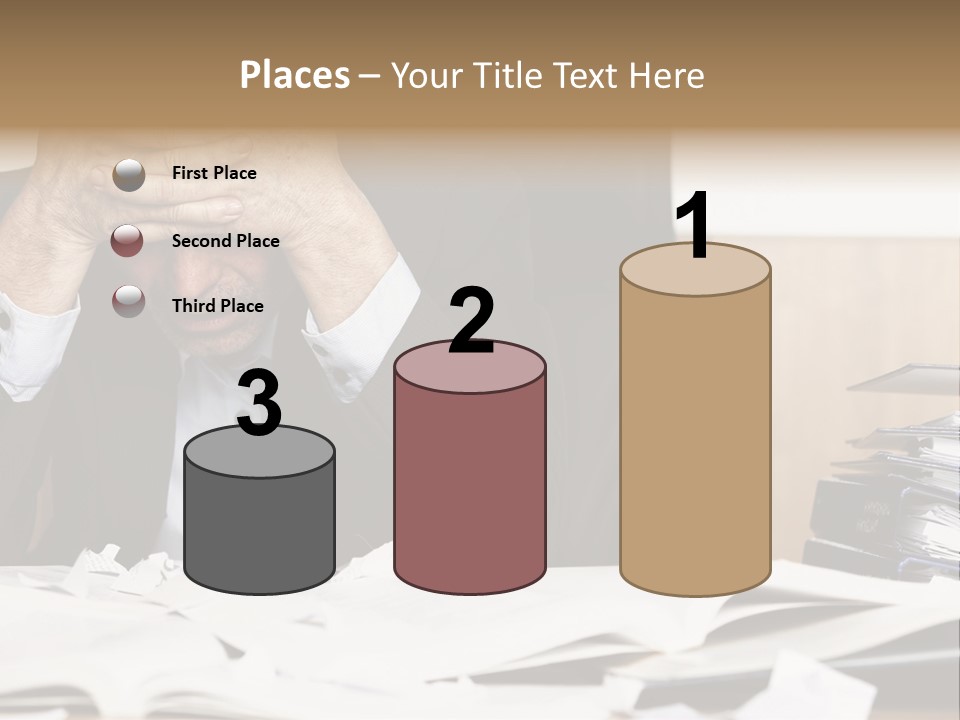 A Man Sitting At A Desk With A Pile Of Papers In Front Of Him PowerPoint Template