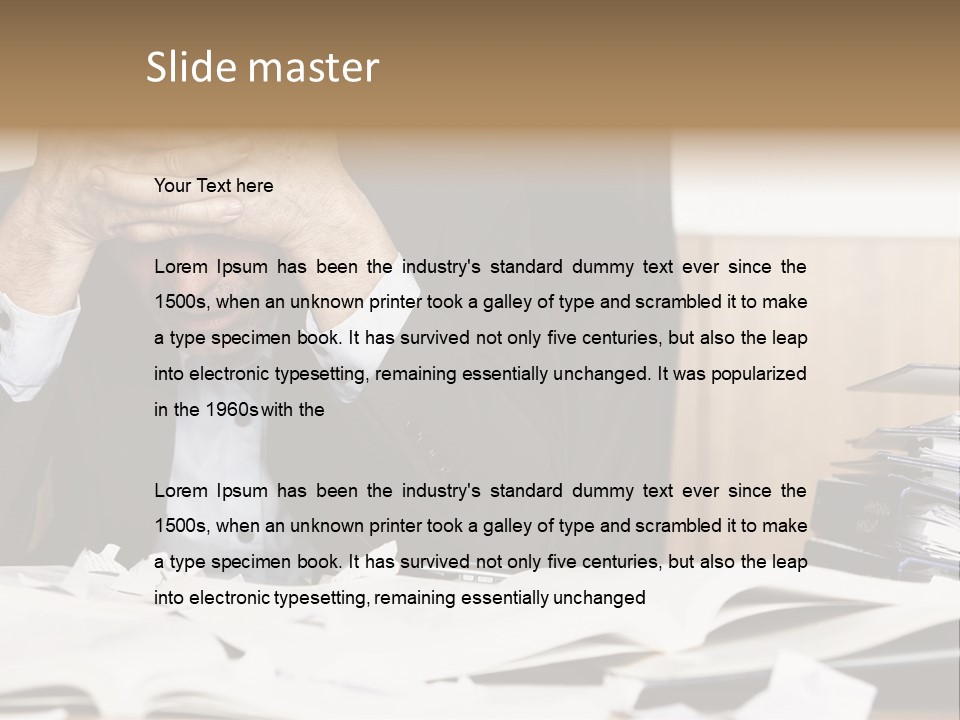 A Man Sitting At A Desk With A Pile Of Papers In Front Of Him PowerPoint Template