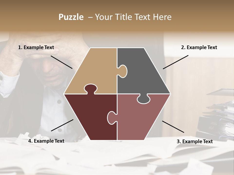 A Man Sitting At A Desk With A Pile Of Papers In Front Of Him PowerPoint Template