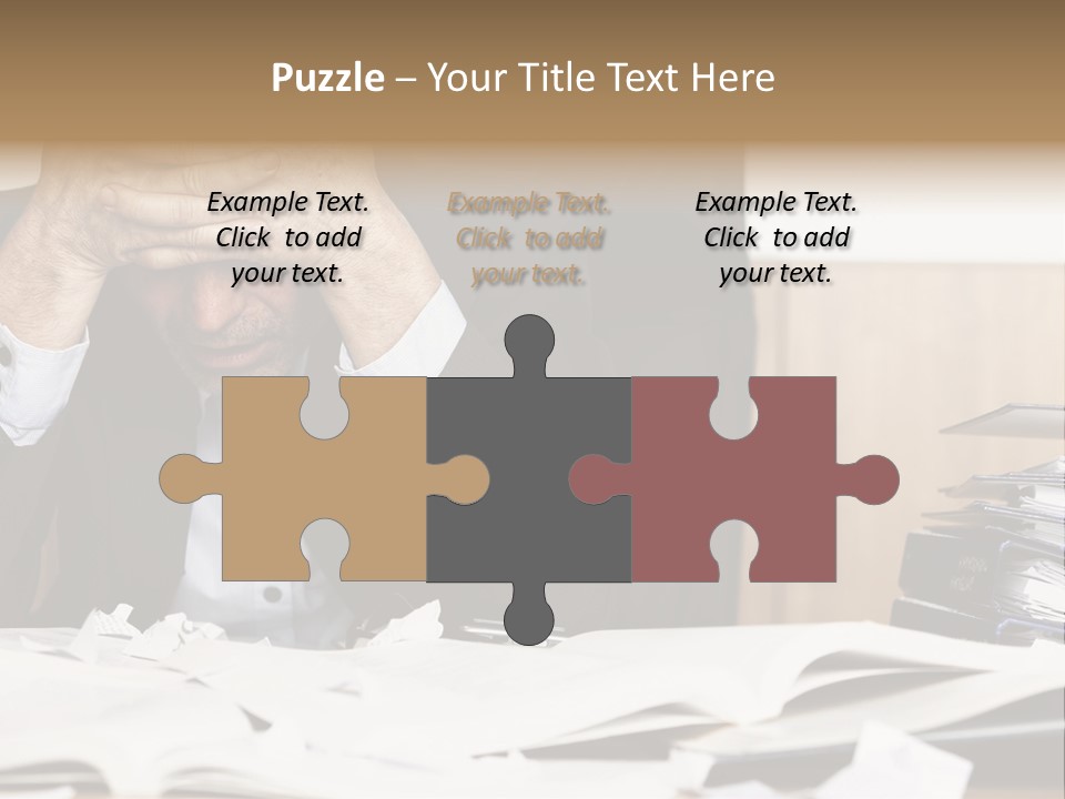 A Man Sitting At A Desk With A Pile Of Papers In Front Of Him PowerPoint Template