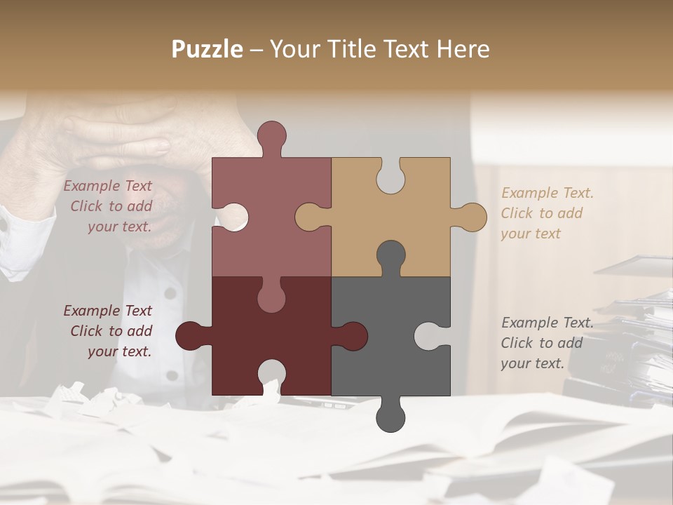 A Man Sitting At A Desk With A Pile Of Papers In Front Of Him PowerPoint Template