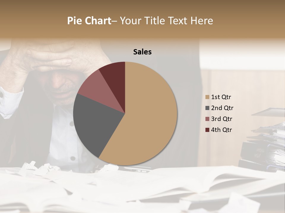 A Man Sitting At A Desk With A Pile Of Papers In Front Of Him PowerPoint Template