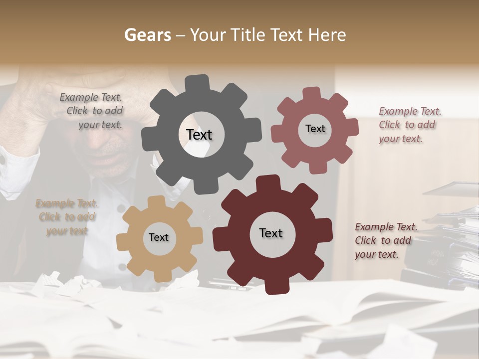 A Man Sitting At A Desk With A Pile Of Papers In Front Of Him PowerPoint Template