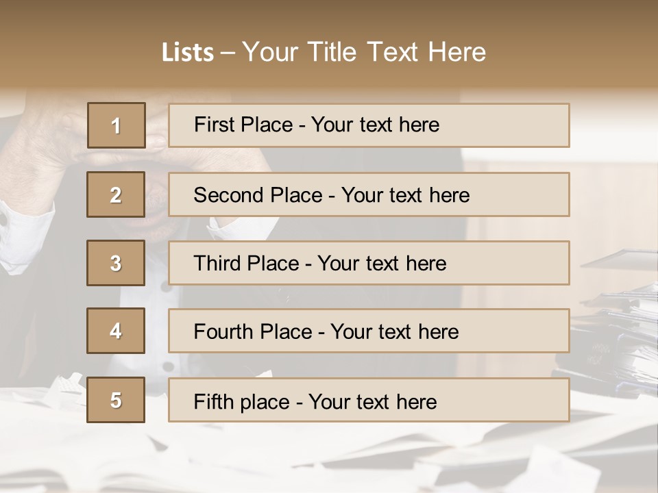 A Man Sitting At A Desk With A Pile Of Papers In Front Of Him PowerPoint Template