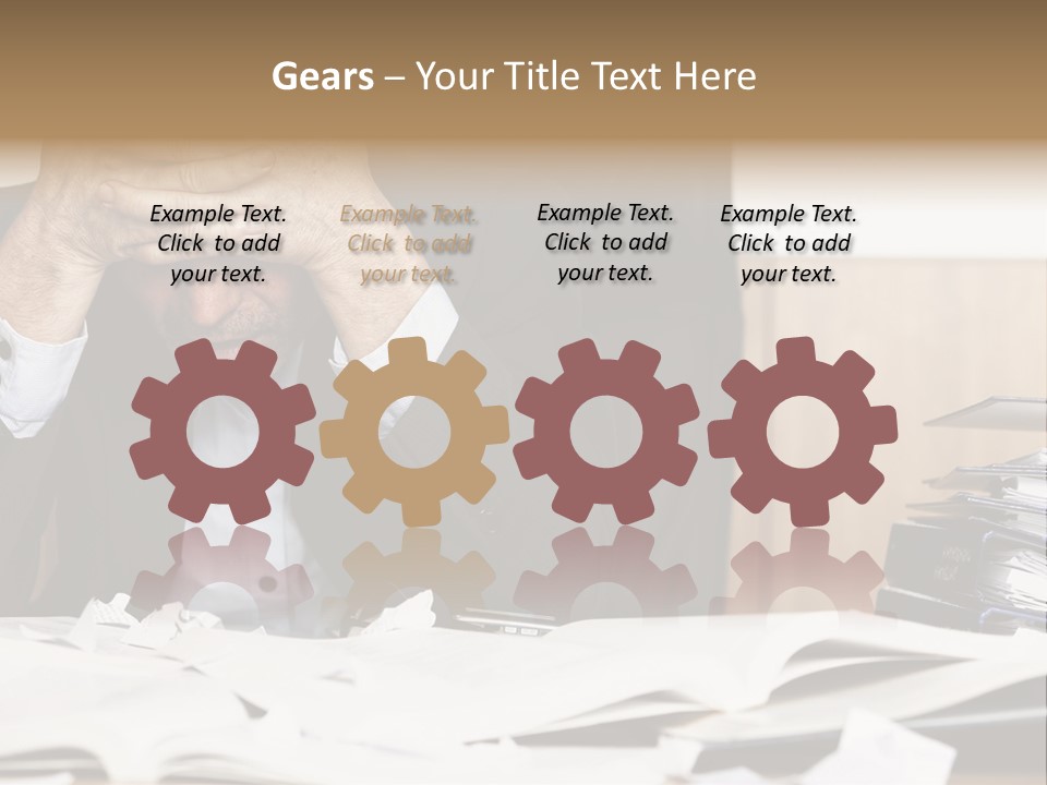 A Man Sitting At A Desk With A Pile Of Papers In Front Of Him PowerPoint Template