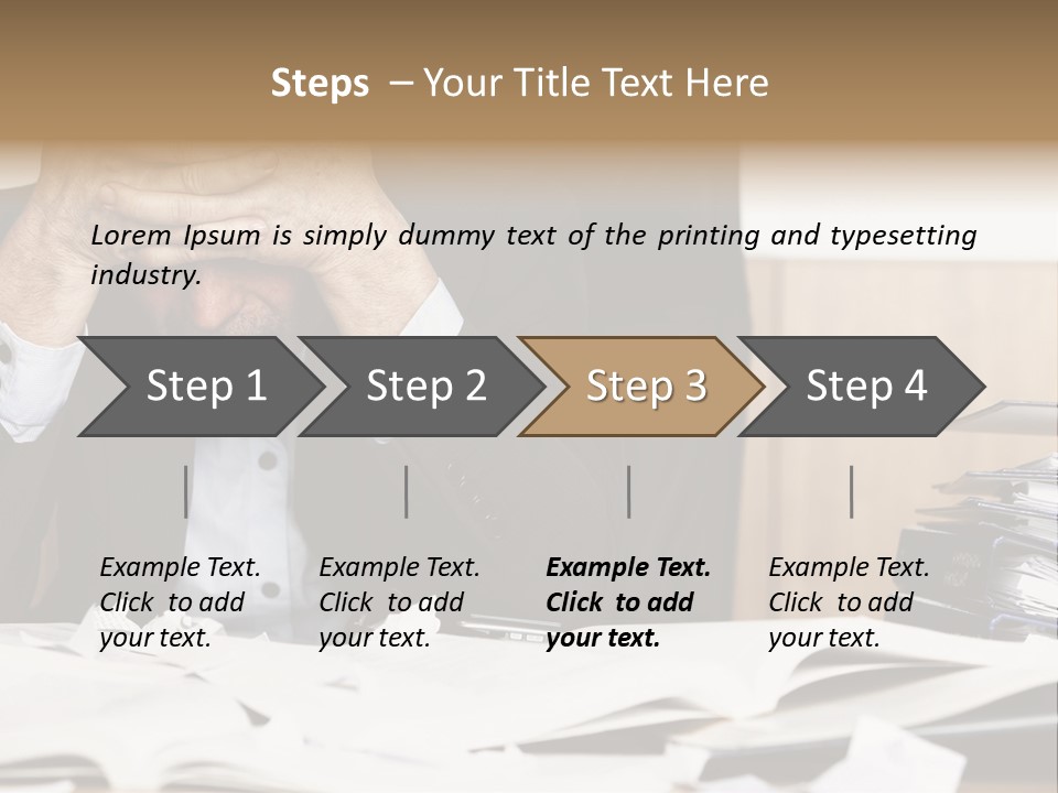 A Man Sitting At A Desk With A Pile Of Papers In Front Of Him PowerPoint Template