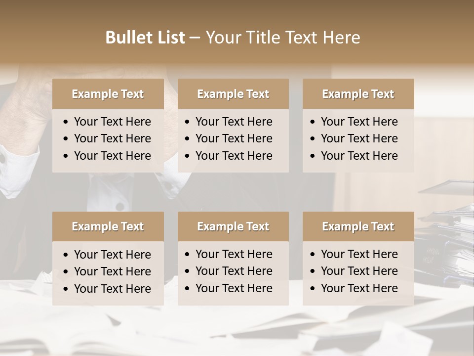 A Man Sitting At A Desk With A Pile Of Papers In Front Of Him PowerPoint Template