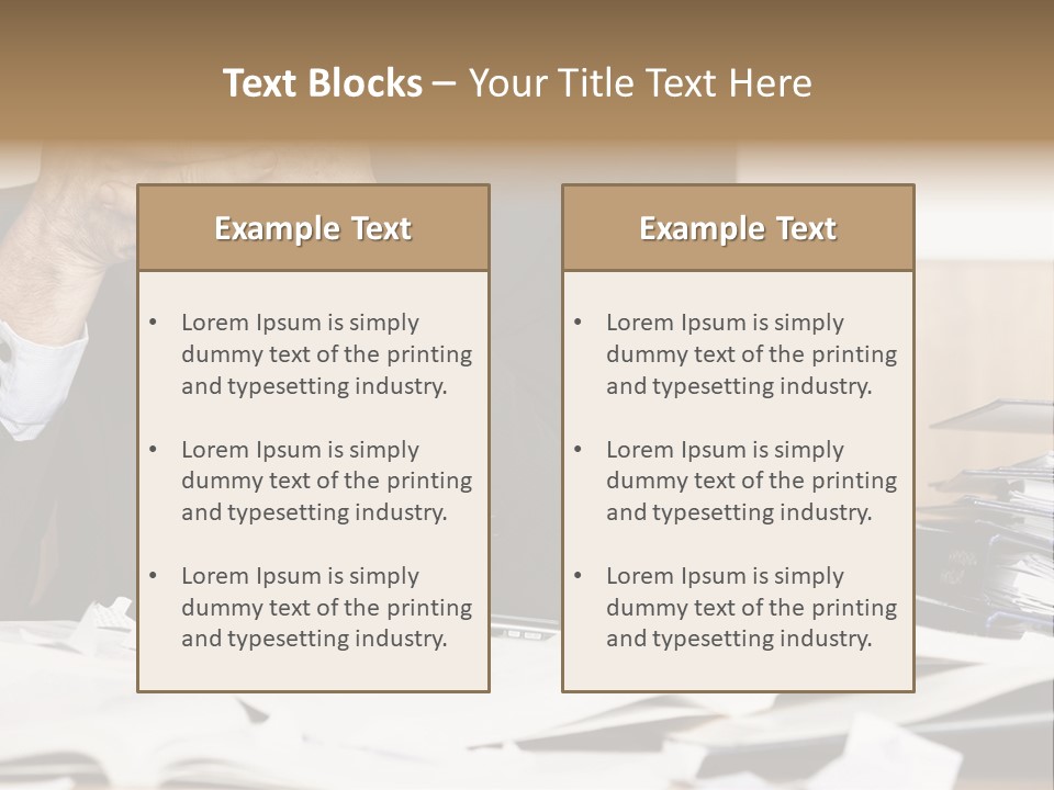 A Man Sitting At A Desk With A Pile Of Papers In Front Of Him PowerPoint Template