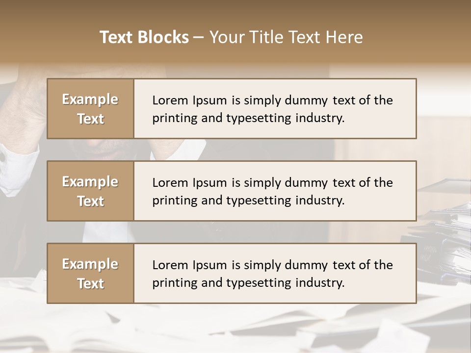 A Man Sitting At A Desk With A Pile Of Papers In Front Of Him PowerPoint Template