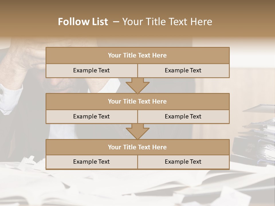 A Man Sitting At A Desk With A Pile Of Papers In Front Of Him PowerPoint Template