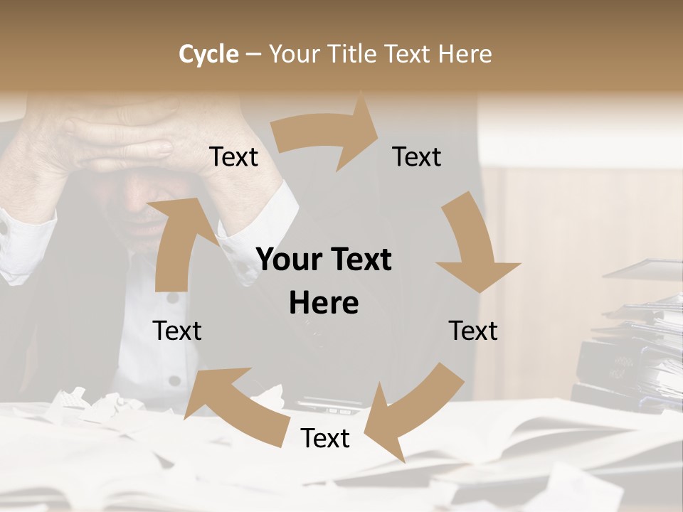 A Man Sitting At A Desk With A Pile Of Papers In Front Of Him PowerPoint Template