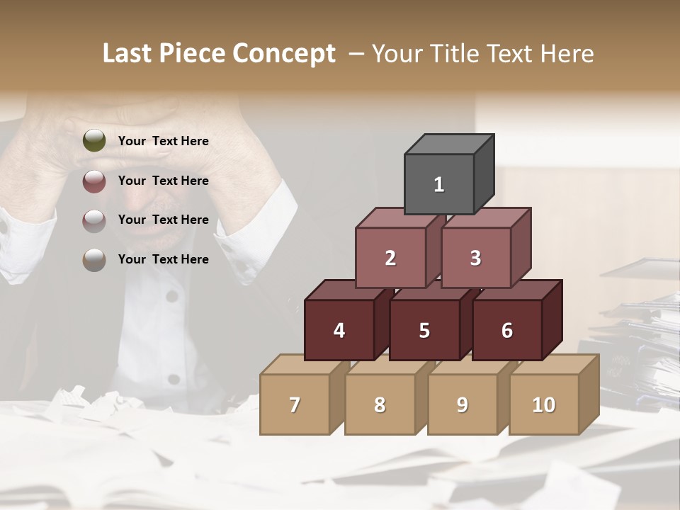 A Man Sitting At A Desk With A Pile Of Papers In Front Of Him PowerPoint Template