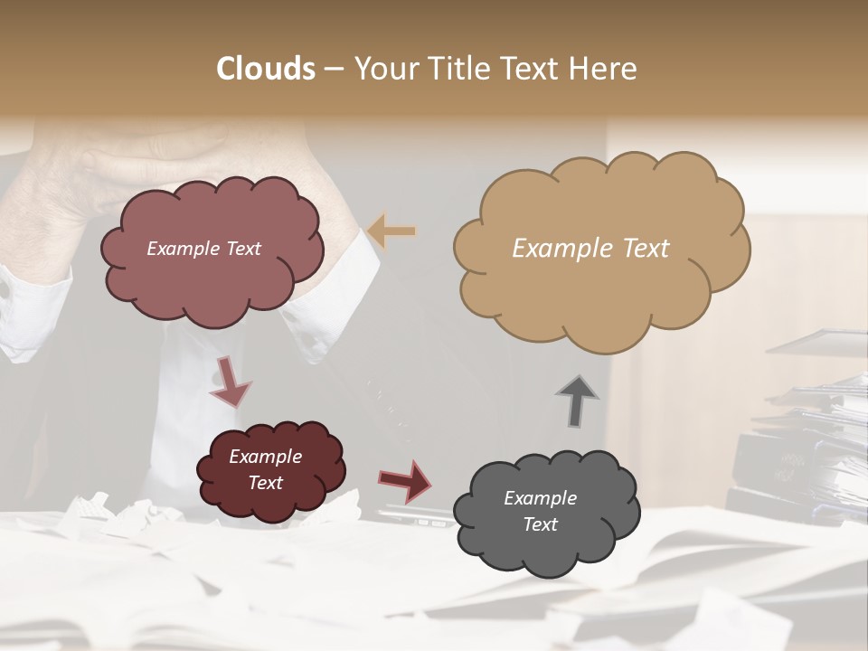 A Man Sitting At A Desk With A Pile Of Papers In Front Of Him PowerPoint Template