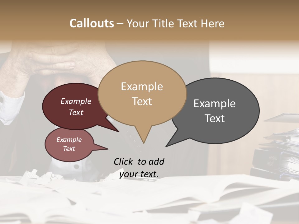 A Man Sitting At A Desk With A Pile Of Papers In Front Of Him PowerPoint Template