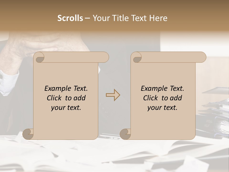 A Man Sitting At A Desk With A Pile Of Papers In Front Of Him PowerPoint Template