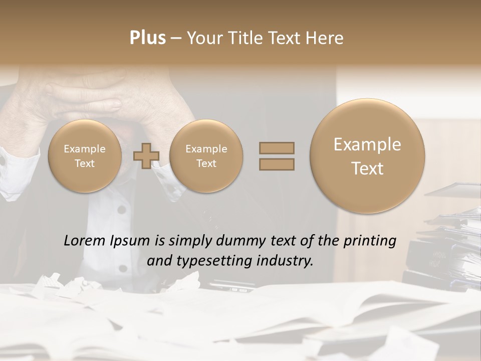 A Man Sitting At A Desk With A Pile Of Papers In Front Of Him PowerPoint Template