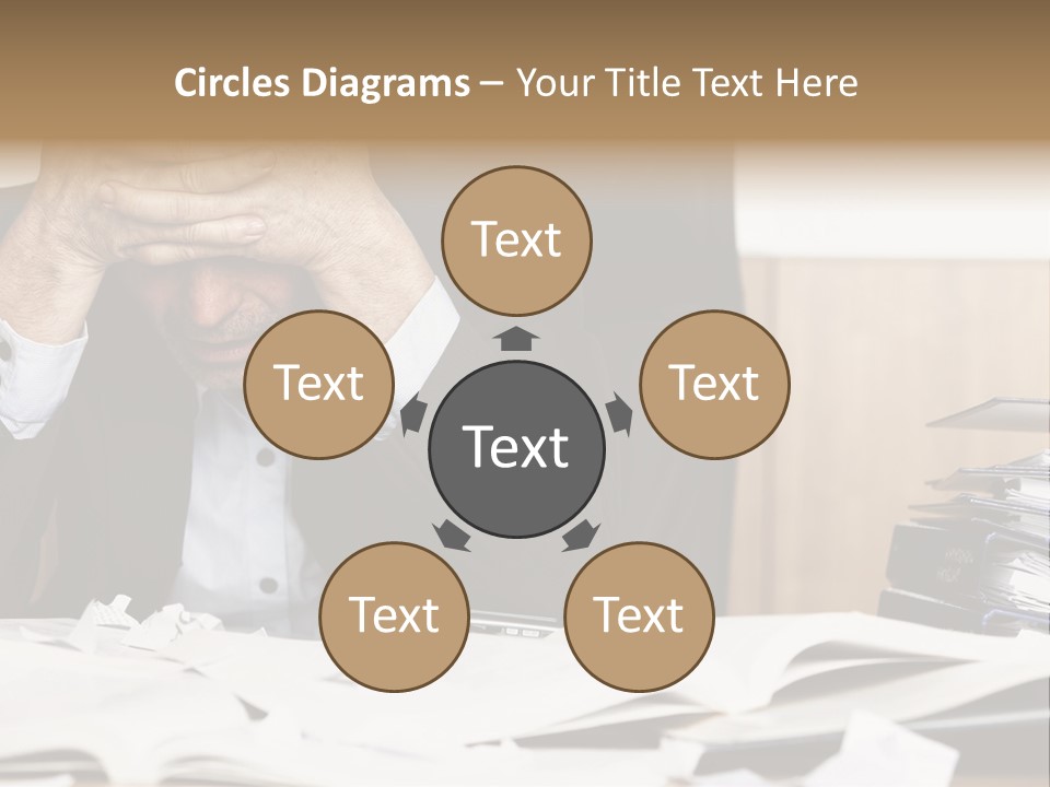A Man Sitting At A Desk With A Pile Of Papers In Front Of Him PowerPoint Template