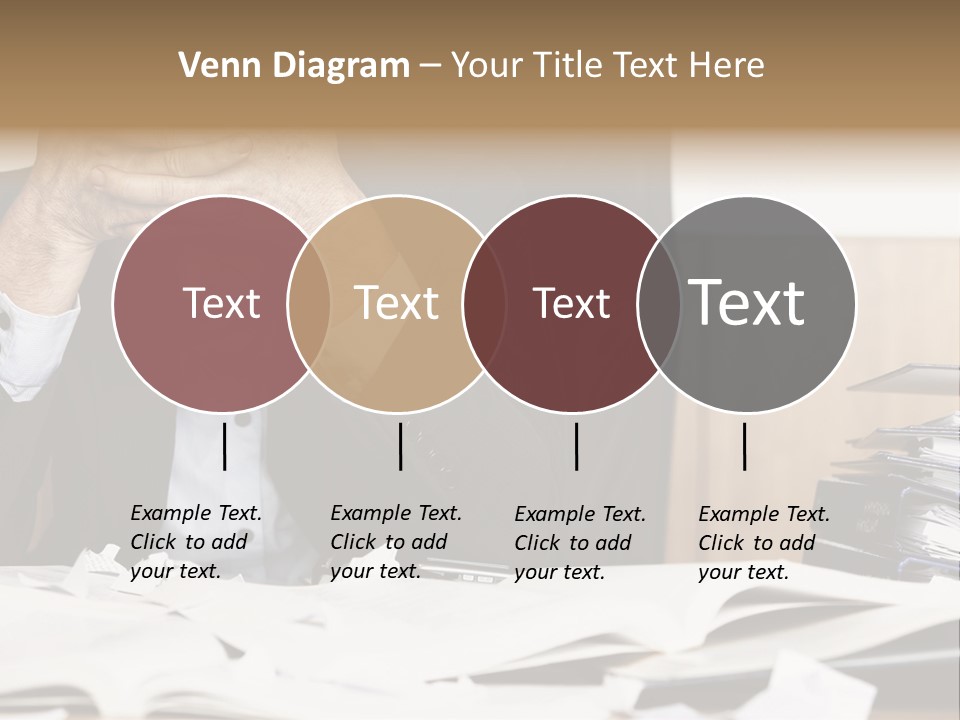 A Man Sitting At A Desk With A Pile Of Papers In Front Of Him PowerPoint Template