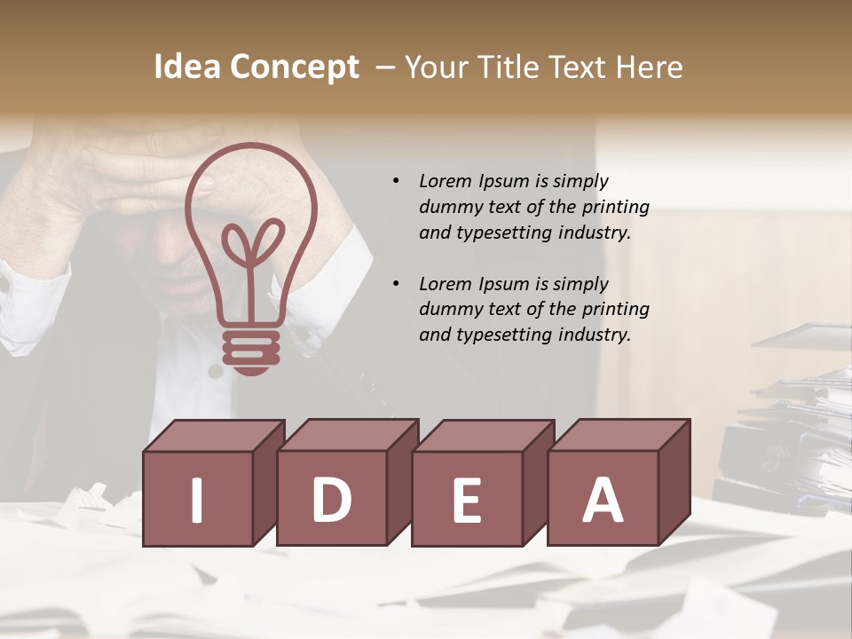 A Man Sitting At A Desk With A Pile Of Papers In Front Of Him PowerPoint Template