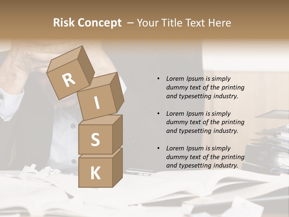 A Man Sitting At A Desk With A Pile Of Papers In Front Of Him PowerPoint Template