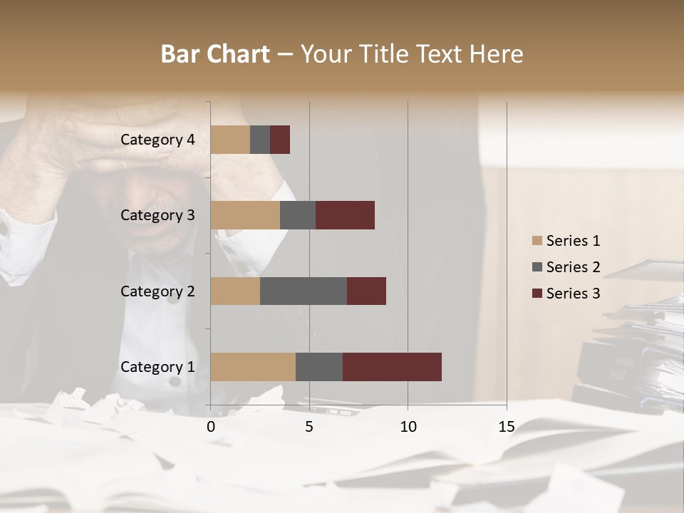 A Man Sitting At A Desk With A Pile Of Papers In Front Of Him PowerPoint Template