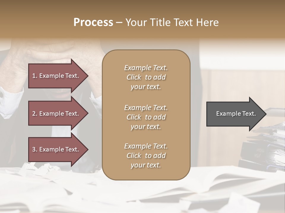A Man Sitting At A Desk With A Pile Of Papers In Front Of Him PowerPoint Template