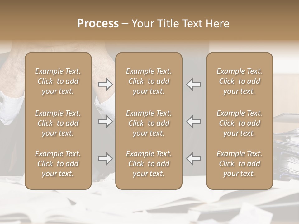 A Man Sitting At A Desk With A Pile Of Papers In Front Of Him PowerPoint Template