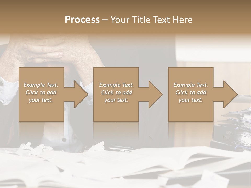 A Man Sitting At A Desk With A Pile Of Papers In Front Of Him PowerPoint Template