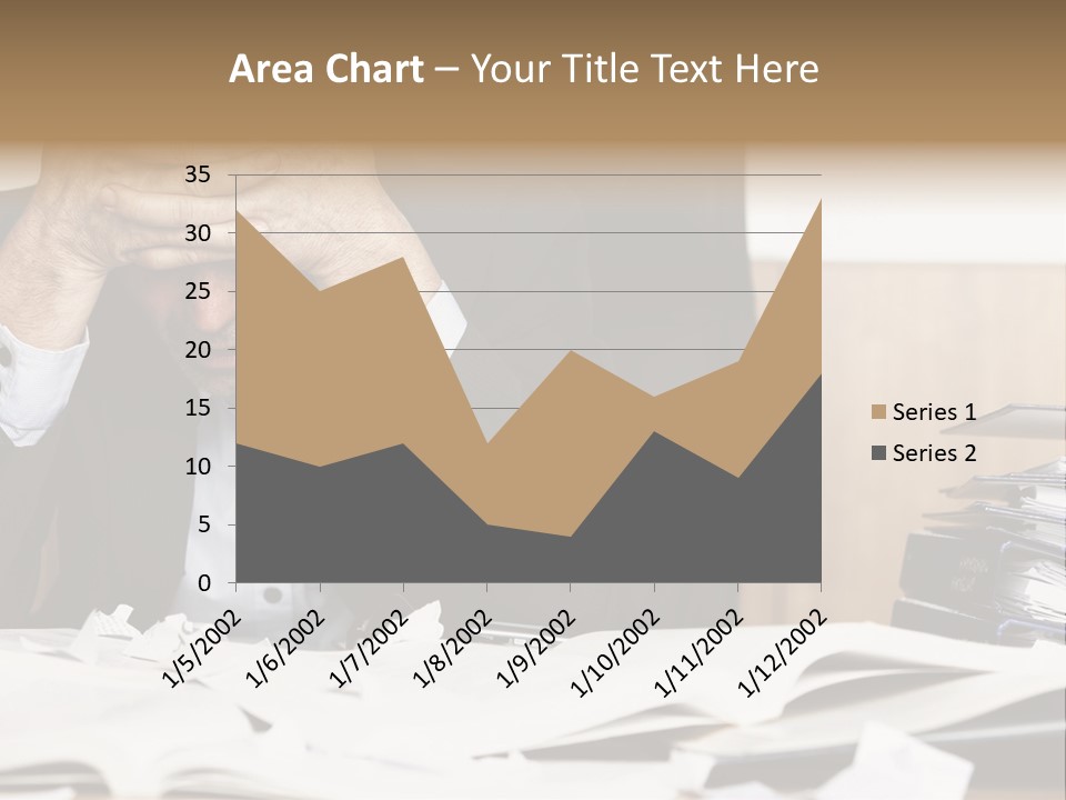 A Man Sitting At A Desk With A Pile Of Papers In Front Of Him PowerPoint Template
