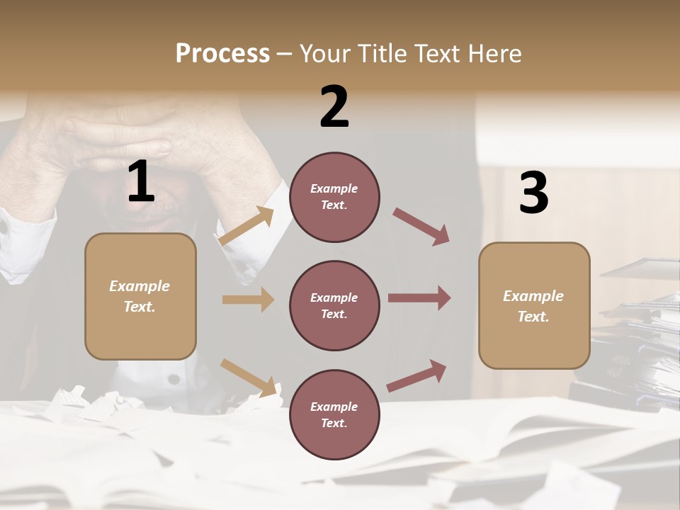 A Man Sitting At A Desk With A Pile Of Papers In Front Of Him PowerPoint Template