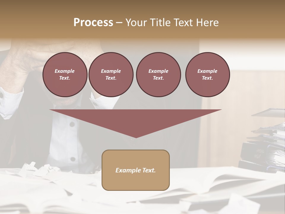 A Man Sitting At A Desk With A Pile Of Papers In Front Of Him PowerPoint Template