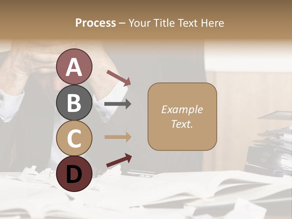 A Man Sitting At A Desk With A Pile Of Papers In Front Of Him PowerPoint Template