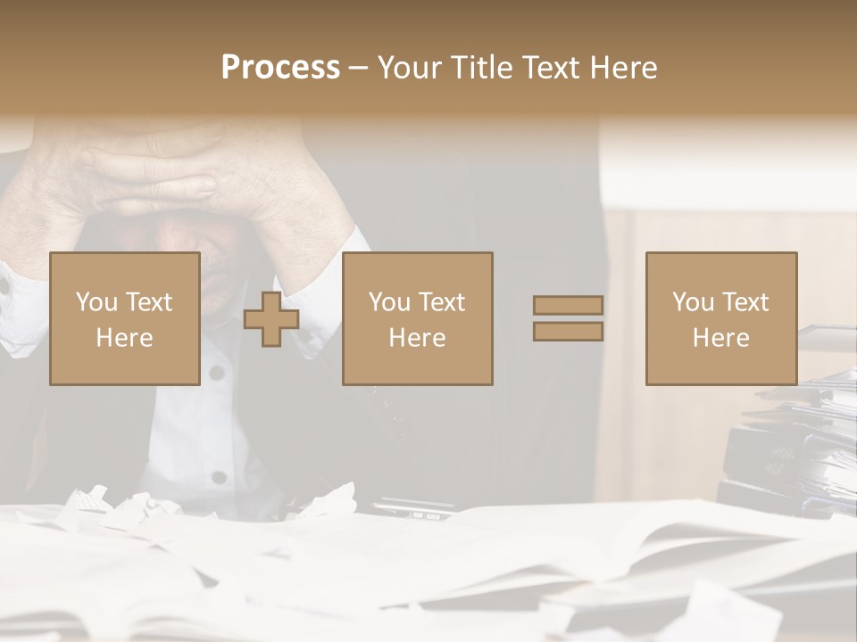 A Man Sitting At A Desk With A Pile Of Papers In Front Of Him PowerPoint Template