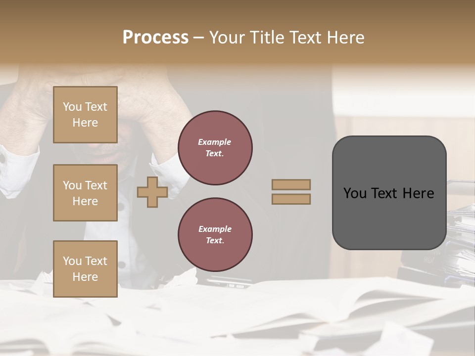 A Man Sitting At A Desk With A Pile Of Papers In Front Of Him PowerPoint Template