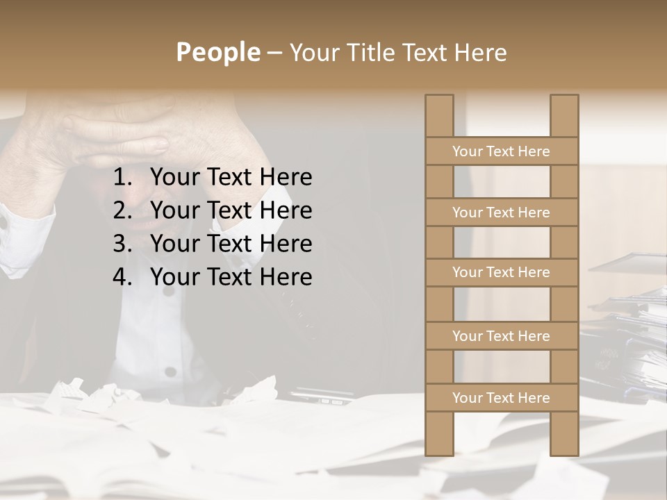 A Man Sitting At A Desk With A Pile Of Papers In Front Of Him PowerPoint Template