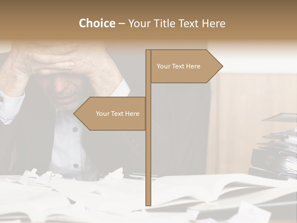 A Man Sitting At A Desk With A Pile Of Papers In Front Of Him PowerPoint Template