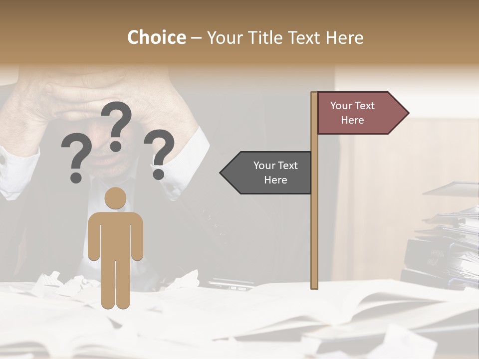 A Man Sitting At A Desk With A Pile Of Papers In Front Of Him PowerPoint Template