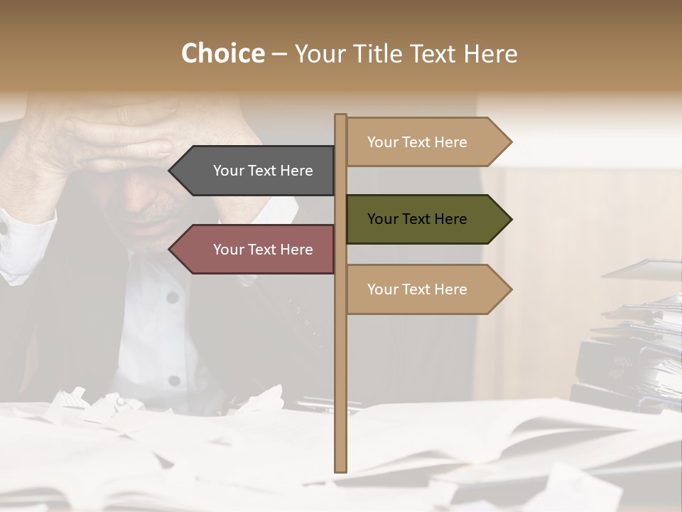 A Man Sitting At A Desk With A Pile Of Papers In Front Of Him PowerPoint Template